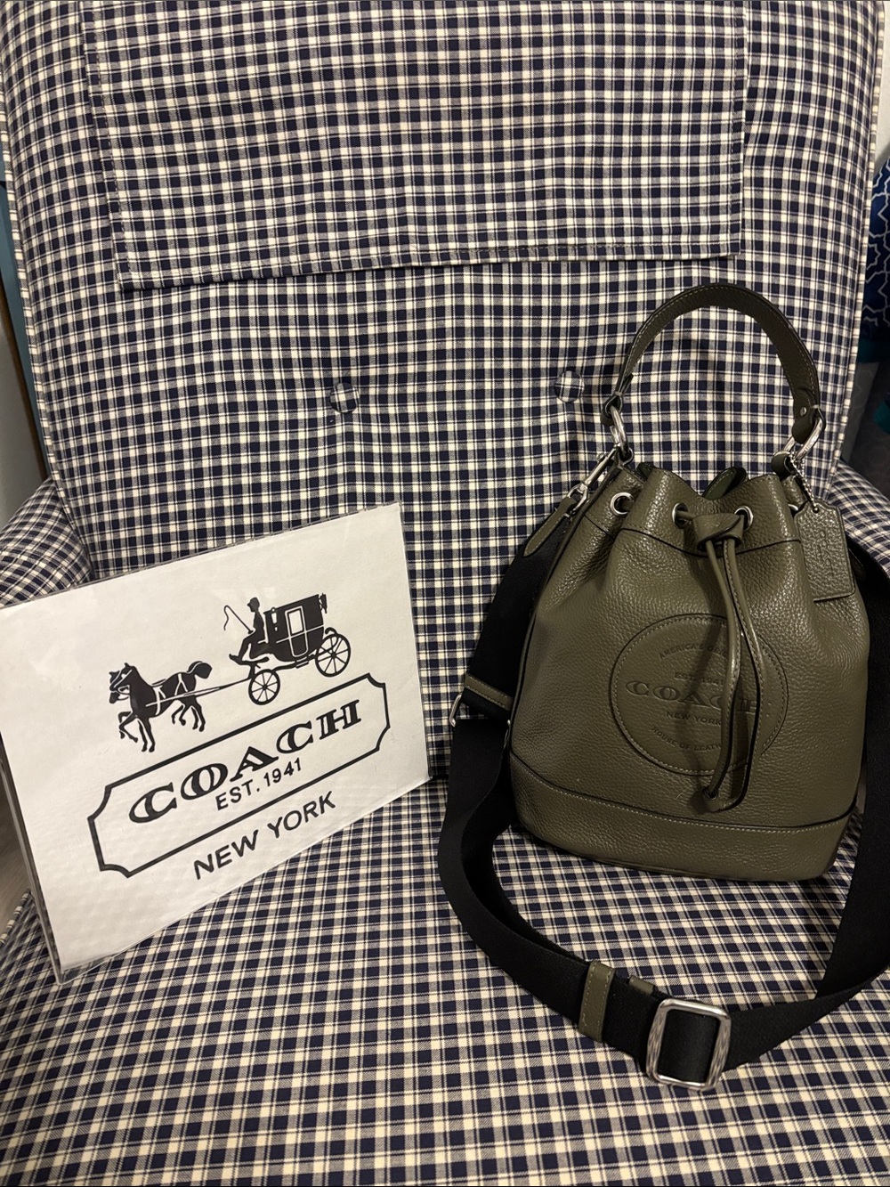 Coach Dempsey drawstring bucket bag in olive green Pebbled Leather